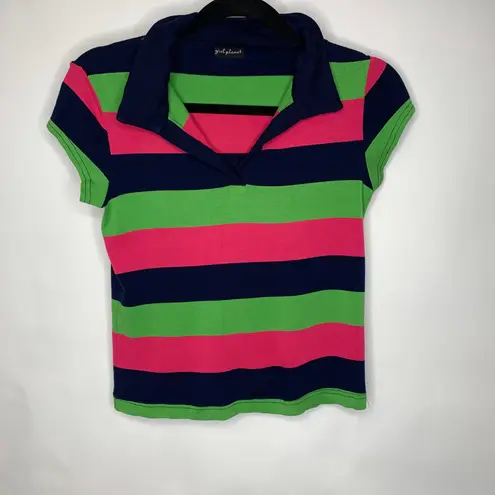 Girl Power Y2k Baby Tee Polo Stripe Pink Lime Green Blue Sz XS