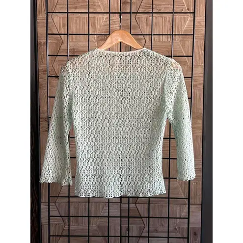 Womens Cardigan Crochet Size S Mint Green 3/4 Sleeve Single Button Boho Blue