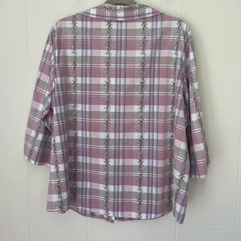 Dress Barn  Button Up Collared Shirt Plaid Floral 3/4 Sleeve ~ Woman Size 14W/16W