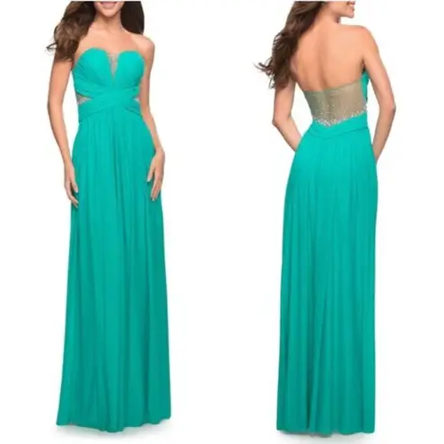 La Femme  Stunning Beaded Strapless Mesh & Jersey Gown in Spearmint Size US 4