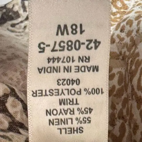 Jessica London 18W Brown Animal Print Linen Blend Tunic Top Boho Safari Blouse