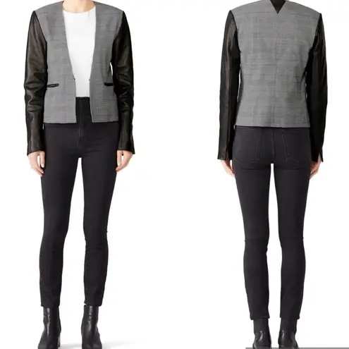 VEDA Smoke Leather Long Sleeve Blazer Jacket Plaid Black & Grey Stripe sz Medium