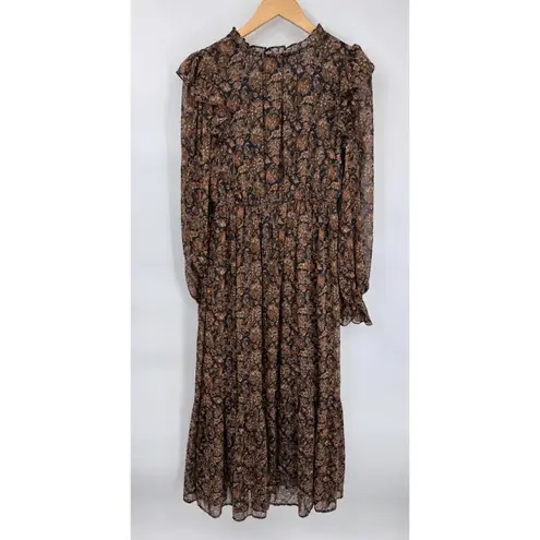 Moon River Tiered Ruffle Maxi Dress Womens Medium Fall Brown Black Metallic Gold