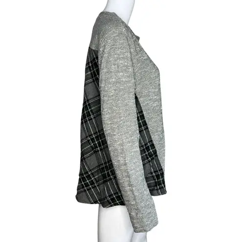 Lilla P Sweatshirt Womens Large Gray Plaid Flannel Back Top Mixed Media Casual