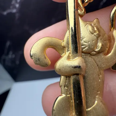 Signed JJ Cat Climbing Bird Cage Stand Gold Tone Brooch Pin Jonette Jewelry