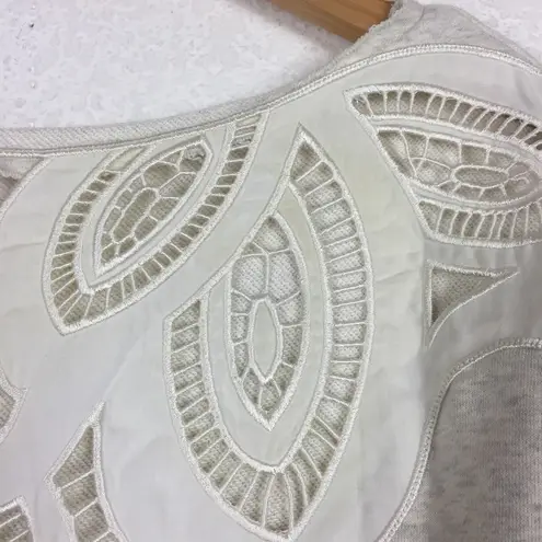 Free People  Oatmeal Bell Sleeve Lasor Cut Out Lace Appliqué Sweatshirt Small