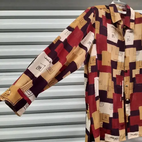 Liz Baker Vintage Shirt Women Large Red Gold Blouse Top Button Front