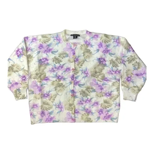 Lee Sands Women’s Orchid and Monstera Print Angora Cardigan Sweater Size 1X NWT