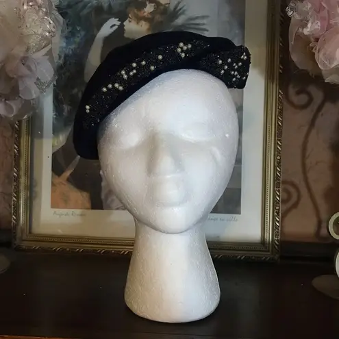 Winkelmans VINTAGE 1960'S BLUE VELOUR BERET STYLE HAT WITH RHINESTONE EMBELLISHMENT