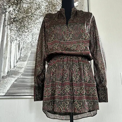Frame Deep Moss Multi Silk Metallic Long Sleeve Smocked Waist Mini Dress - S/P