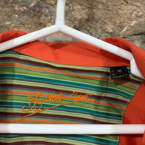 Y2K Early 2000s Orange Bugatchi Long Sleeve Button Down Top w/ Green Striped Accents Size XL