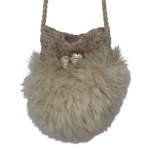 Faux Fur Bucket Bag, Novelty Purse, Shell Accent, Knit Top, Unique Design Tan