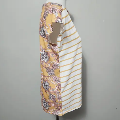 Scarlett Love Mustard Stripe Front Floral Back Gathered Hem Tee Size Medium
