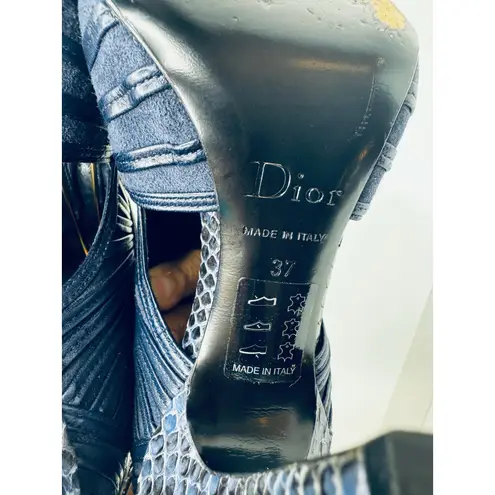 Dior Christian vintage Navy Snakeskin Embossed Open Toe Cutout Booties Size 37