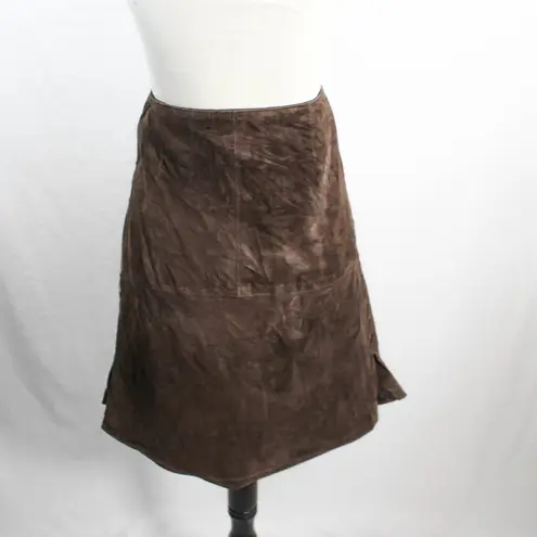 Vintage 1990s Chocolate Brown 100% Leather Sueded Skirt with Side Stitch Size 8