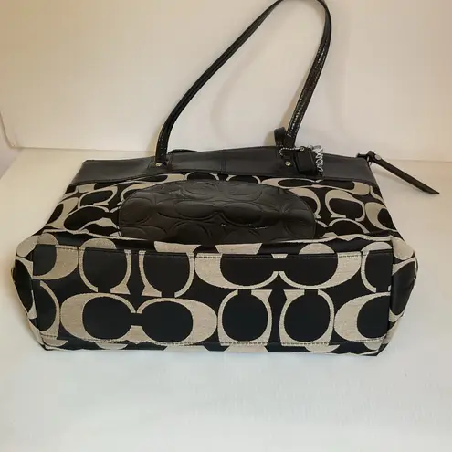 Coach Tote Bag Signature Black Khaki with Patent Leather Trim Purse