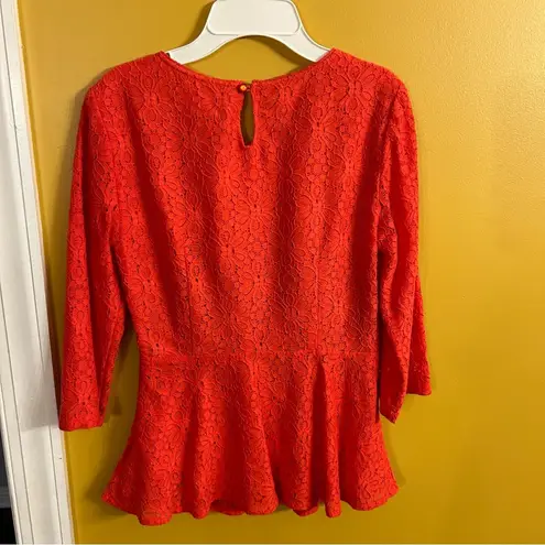 Moulinette Soeurs cotton, nylon blend lace overlay tailored blouse, orange, sz 4