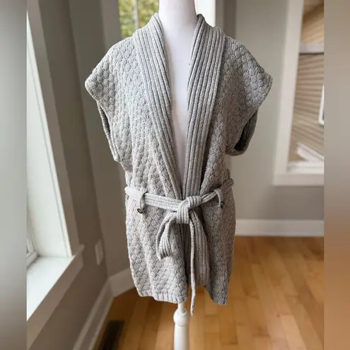 Lands’ End Light Gray Shaker Knit Shawl Collar Sleeveless Belted Sweater Vest L Size L