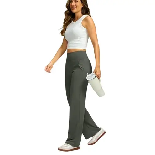 NWT ~ Olive Green Wide Flare Leg Yoga Pants & Pockets Activewear Leggings ~ XS