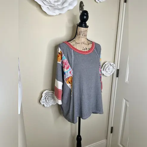 easel NTM: Oversized Black & White Striped Mixed Media Hi-Low Boho Top Sz M