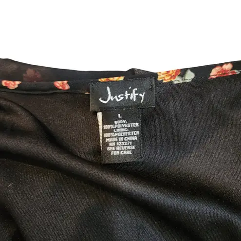 Justify Black Floral V-Neck Smocked Waist Above The Knee A-Line Mini Dress Large