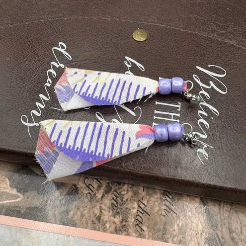 Boho Fabric Dangle Earrings Retro Purple Pink Handmade