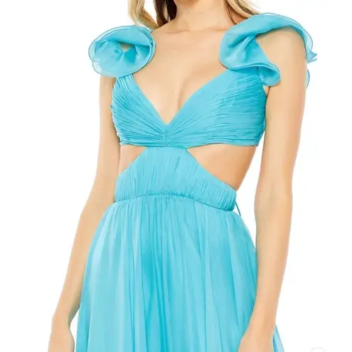 Mac Duggal 70254 Womens Blue Ruffled Shoulder Cut Out Lace Up Gown Dress