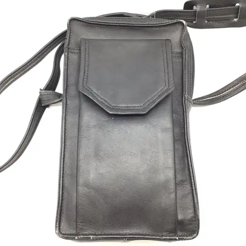 BRAND black leather travel bag w/adjustable strap