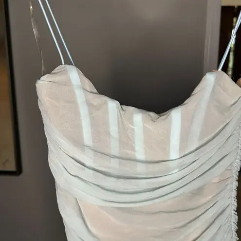 Nookie Bodycon Dress Size XL Midi Blue Nude Tube Ruched Mesh Corset Sheath Zip