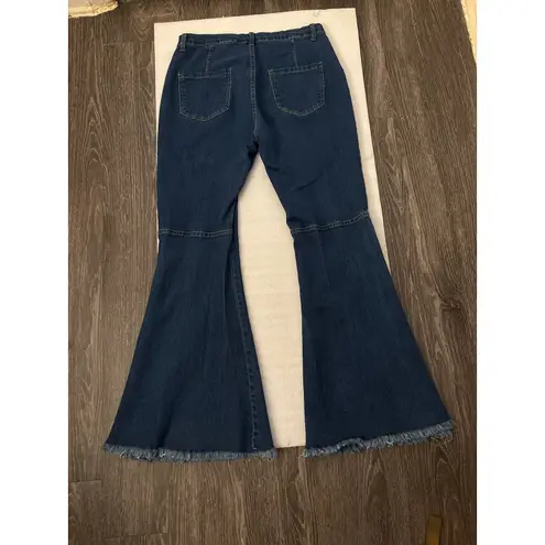 Blue Denim Wide Leg Bellbottoms Raw Hem Jeans XL Casual Festival Bohemian Hippie