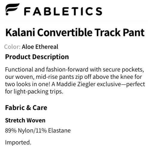 Fabletics  Kalani Convertible Track Pant in Aloe Ethereal color Size M