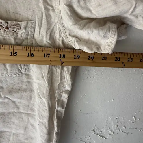 Cottage Button Up Shirt Medium Beige Short Sleeve Embroidered Pockets Casual Top