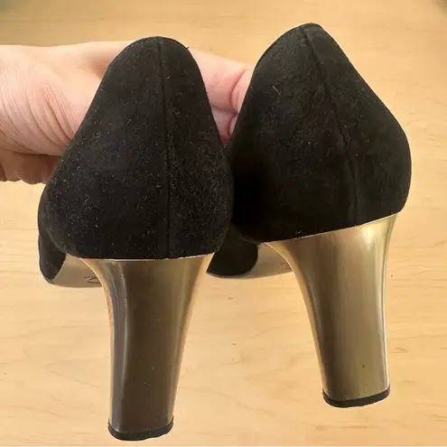 St. John Black Suede And Metallic Gold Pumps