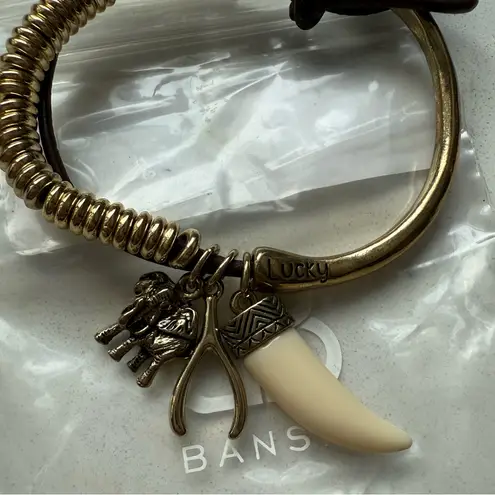 Bansri Lucky Charm Bracelet Gold Coil Leather Elephant, Wishbone & Tusk Pendant Brown