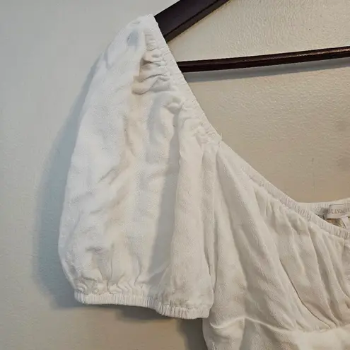 Olivaceous  Crop Top White Puff Sleeve Keyhole Tie Front Neutral Summer Spring - Image 4