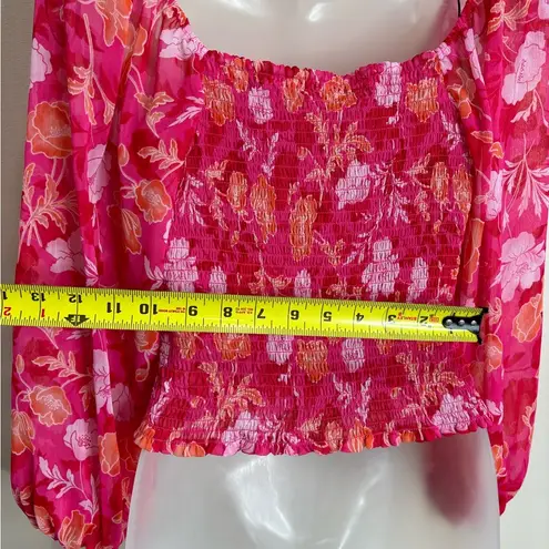 Pleione  Nordstrom Floral Long Sleeve ruched blouse size small Pink Boho