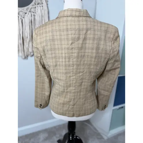 Women’s Vintage 90s Tan Windowpane Holiday Plaid Wool Blazer Suit Jacket Medium