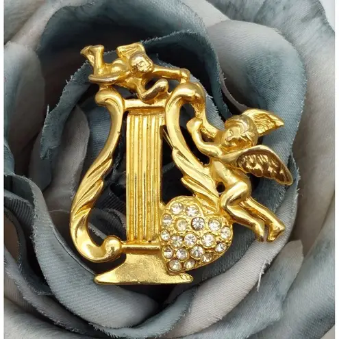Vintage Gold Tone Harp Brooch Pin Cupid Angels Rhinestone Heart 1.75"