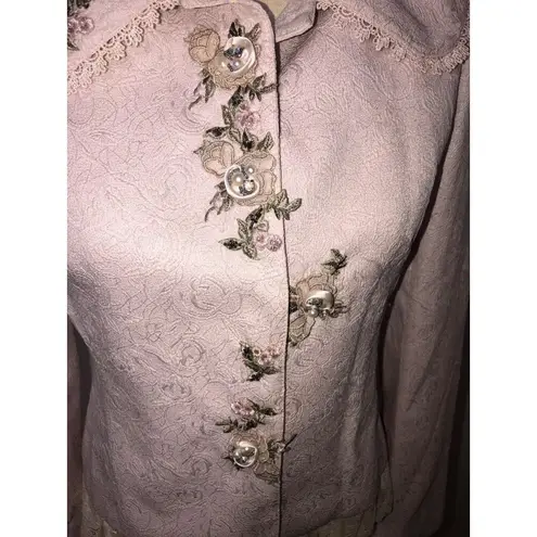 Fille Clair Pink Floral Jacquard Embroidered Jacket Size S Lace Trim Grannycore