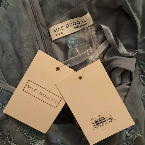 Mac Duggal 14521 Blue Floral Embellished Short Sleeve Mesh Gown Dress