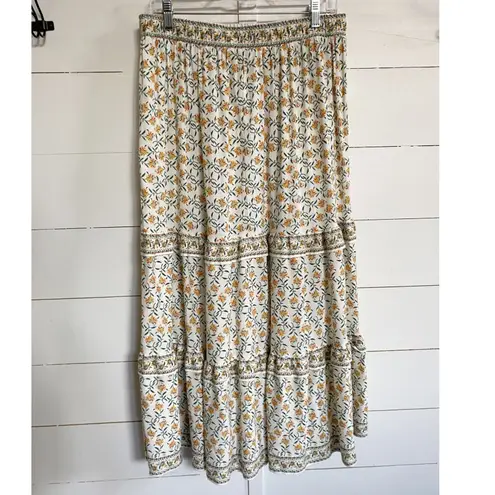 MAX STUDIO LONDON Womens Tiered Maxi Skirt Yellow Floral Print Elastic Waist XL White