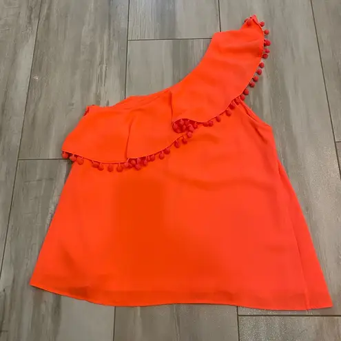 Crosby Bright Melon One Shoulder Top with Ruffle and Pom
