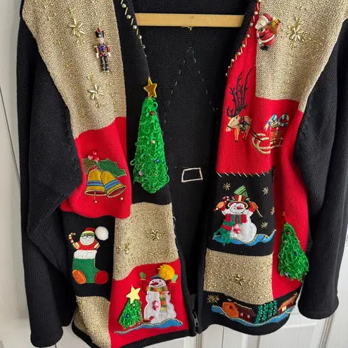 Lisa International Christmas patchwork cardigan size large Black