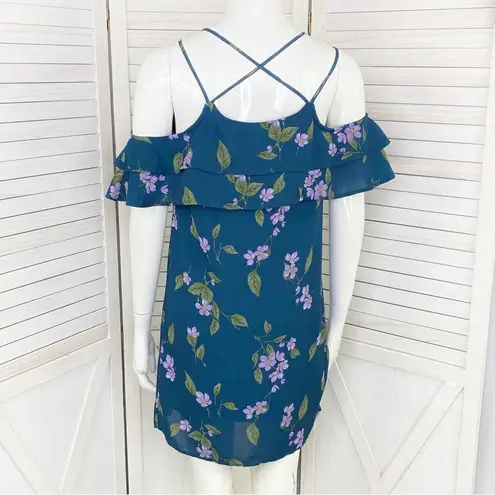 Mi Ami Francesca’s Floral Cold Shoulder Tiered Ruffle Shift Dress Teal XS Blue