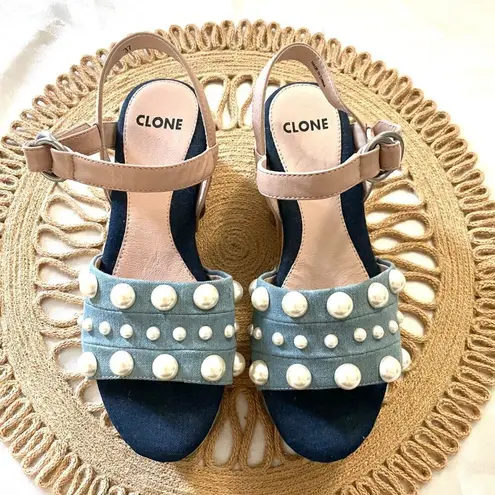 NWOT Clone Pink Pearl Detail Blue Denim Wooden Clog Sandals Size EU 37