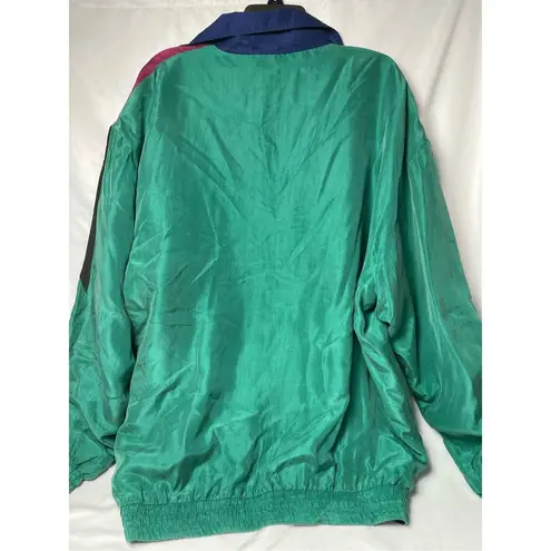 Vintage Casanova Italy Green Silk Track Jacket with Color Blocks XL Blue