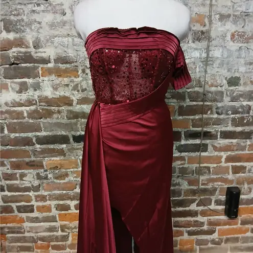 Faeriesty Formal Evening Gown Small Red Beaded Sequin Strapless Wedding Party