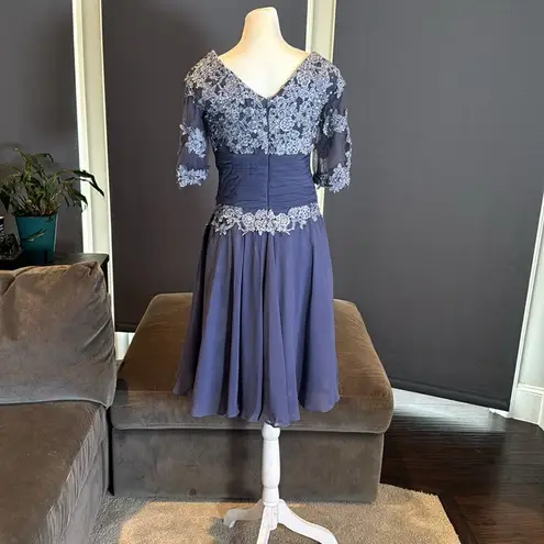 Women’s Short Blue Chiffon Prom Party Dress with Floral Detail Zip Back Size S