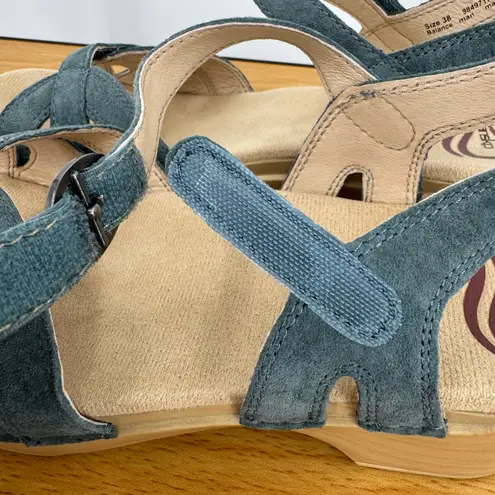 Dansko Season sandals womens 38 denim suede ankle strap heel hook and loop blue