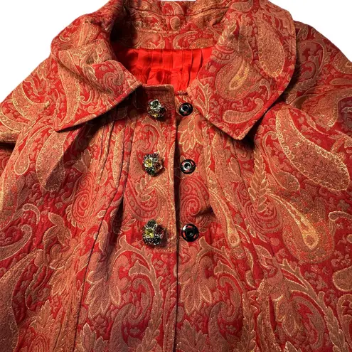 Handmade Custom Red Gold Paisley Brocade Jacket Womens Small Blazer Wide Collar
